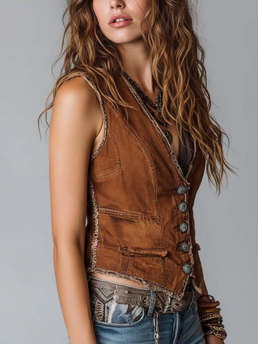 Washed Caramel Denim With Brass Button Stitching Vest