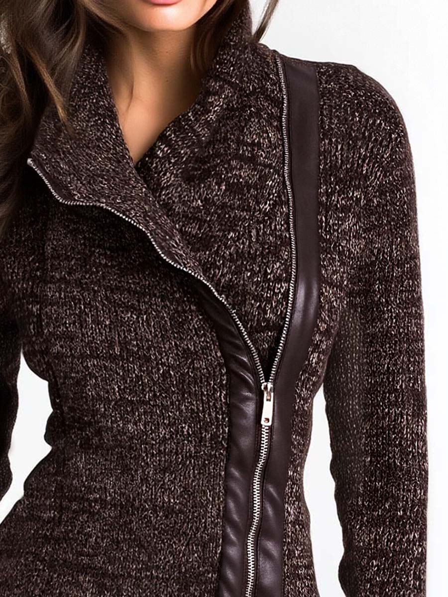 Brown Asymmetrical Zip Ribbed Knit Jacket