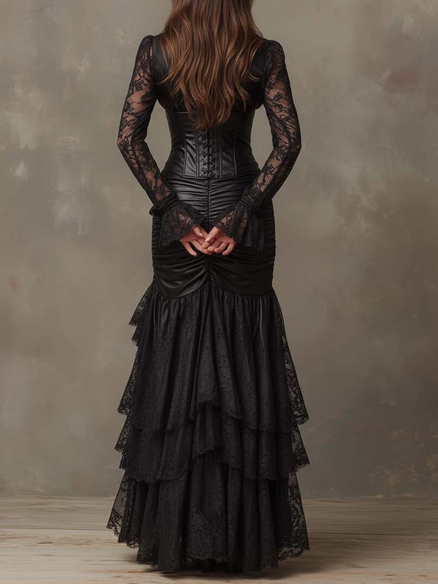 Black Faux Leather Corset Maxi Dress With Lace Sleeves