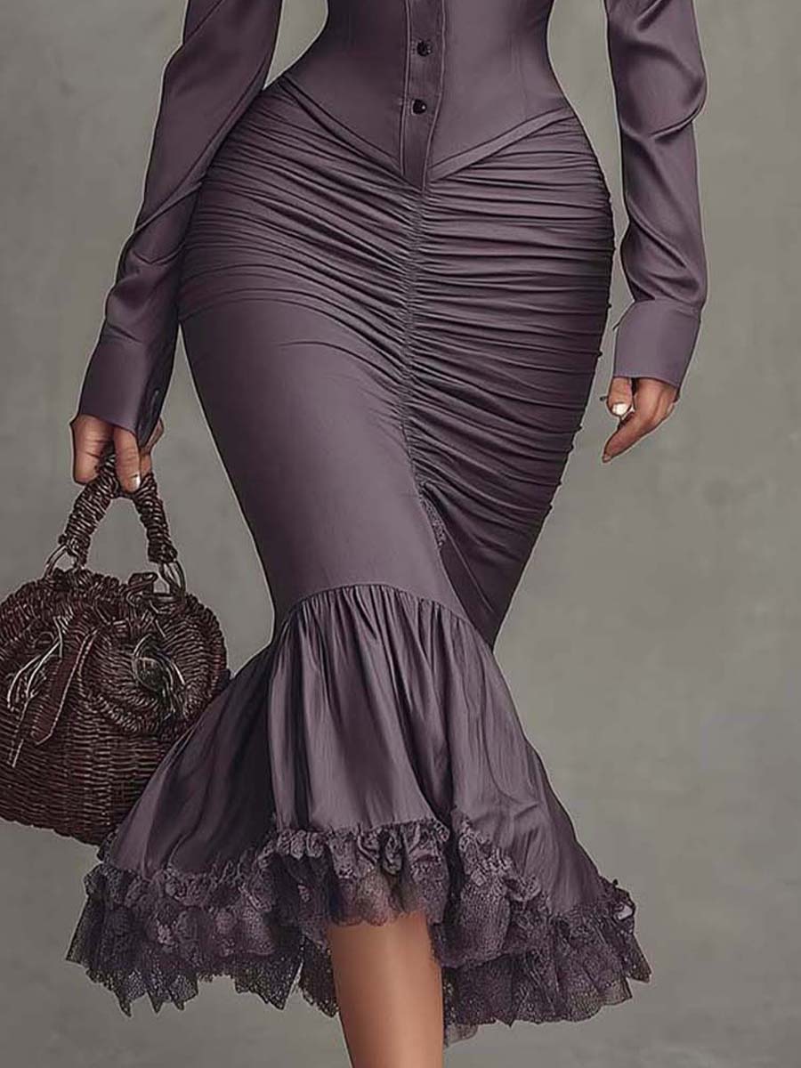 Dusty Mauve Lace-Trim Ruched Midi Dress
