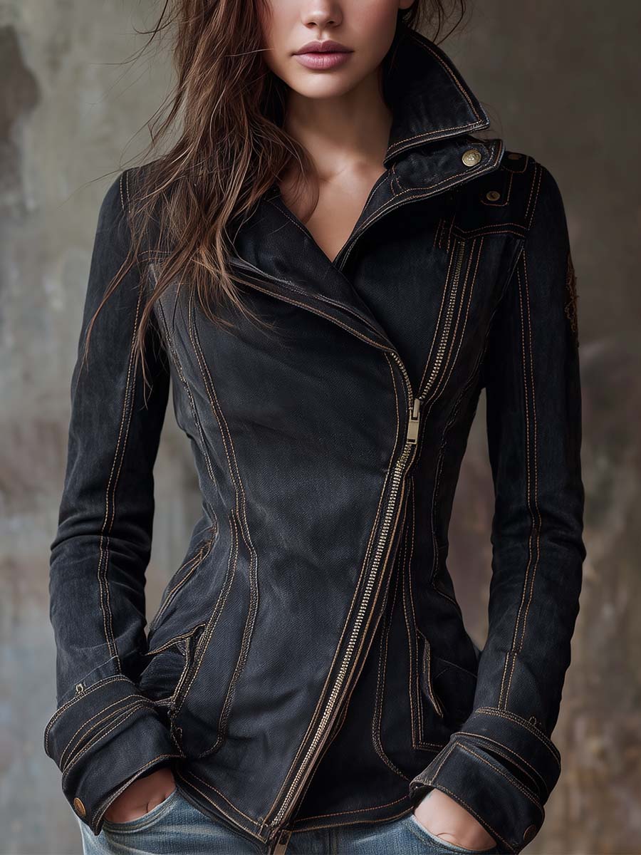 Vintage Washed Denim Moto Jacket – Charcoal Edge