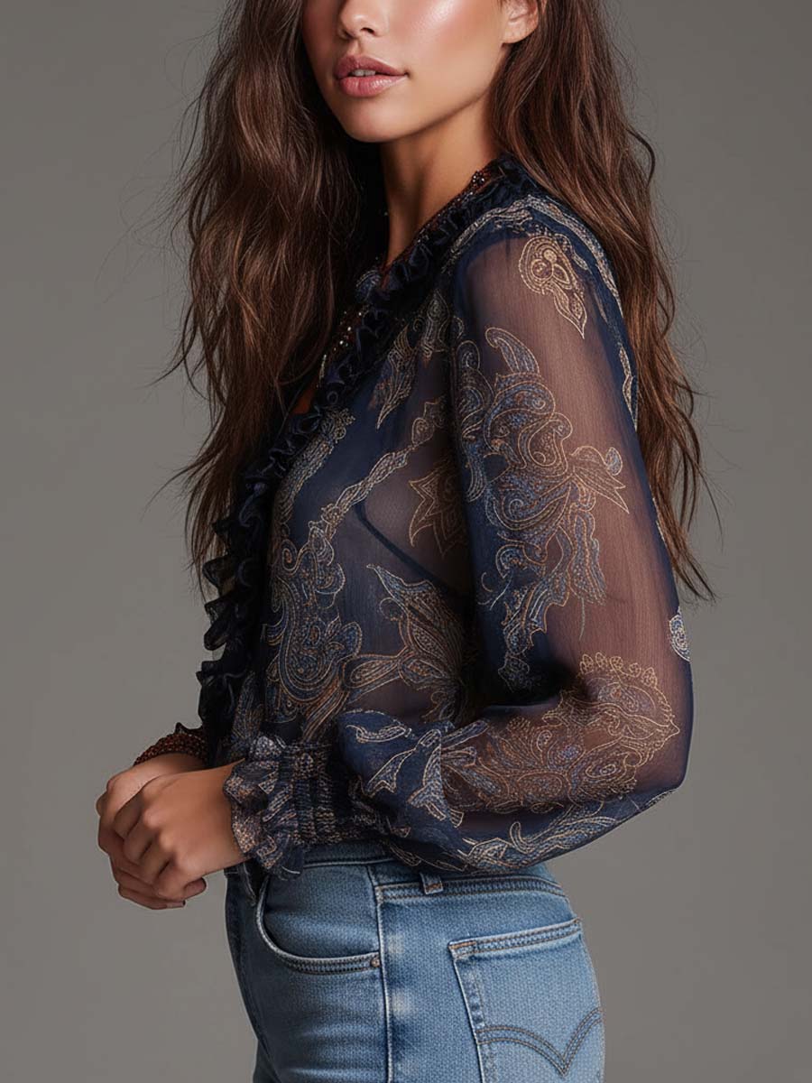 Navy Baroque Paisley Ruffle Zip Chiffon Blouse