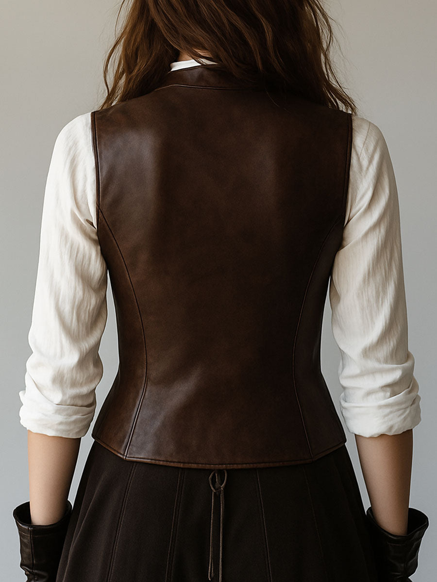 Retro Waist-cinched Button Down Leather Waistcoat