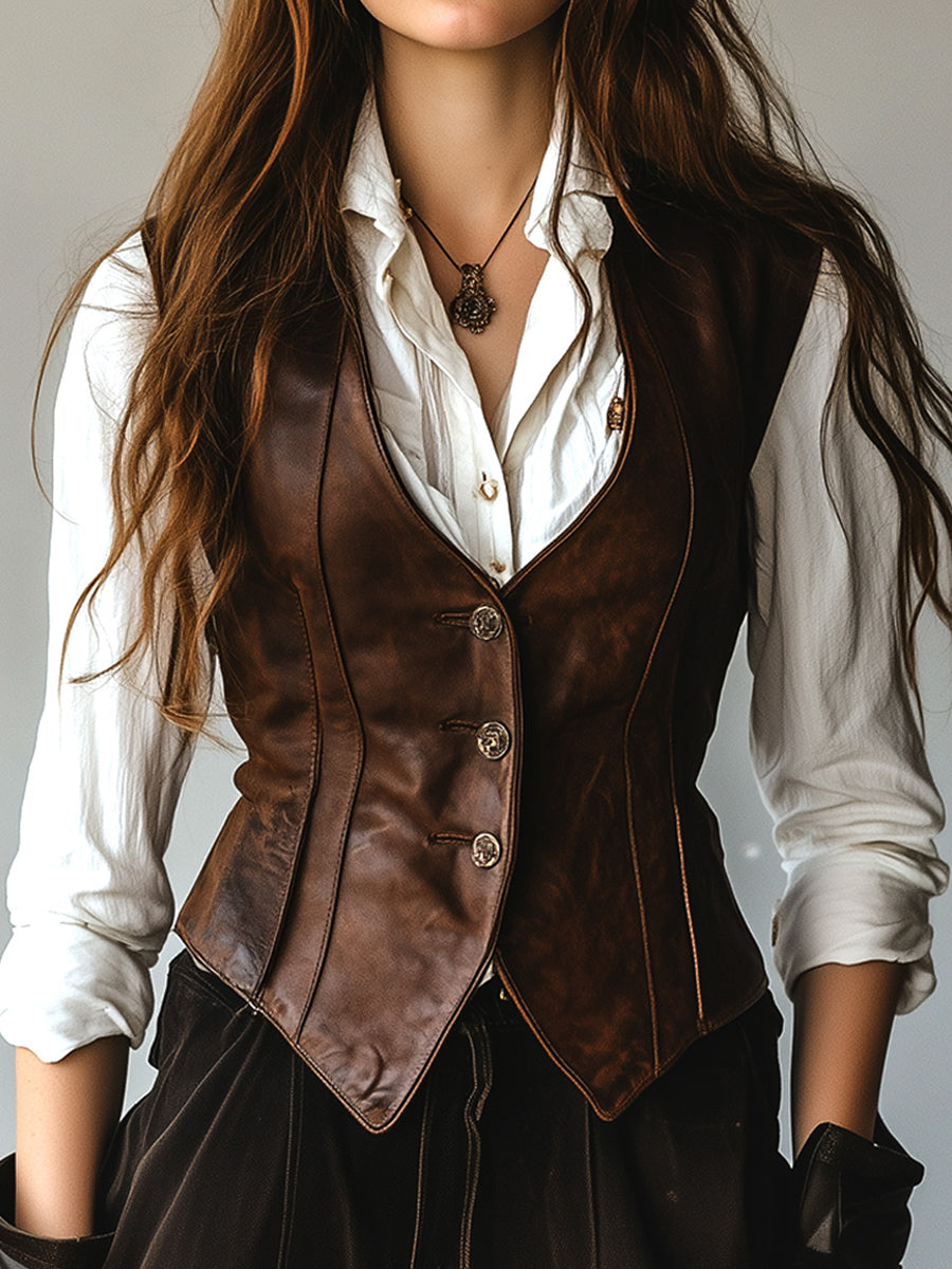 Retro Waist-cinched Button Down Leather Waistcoat