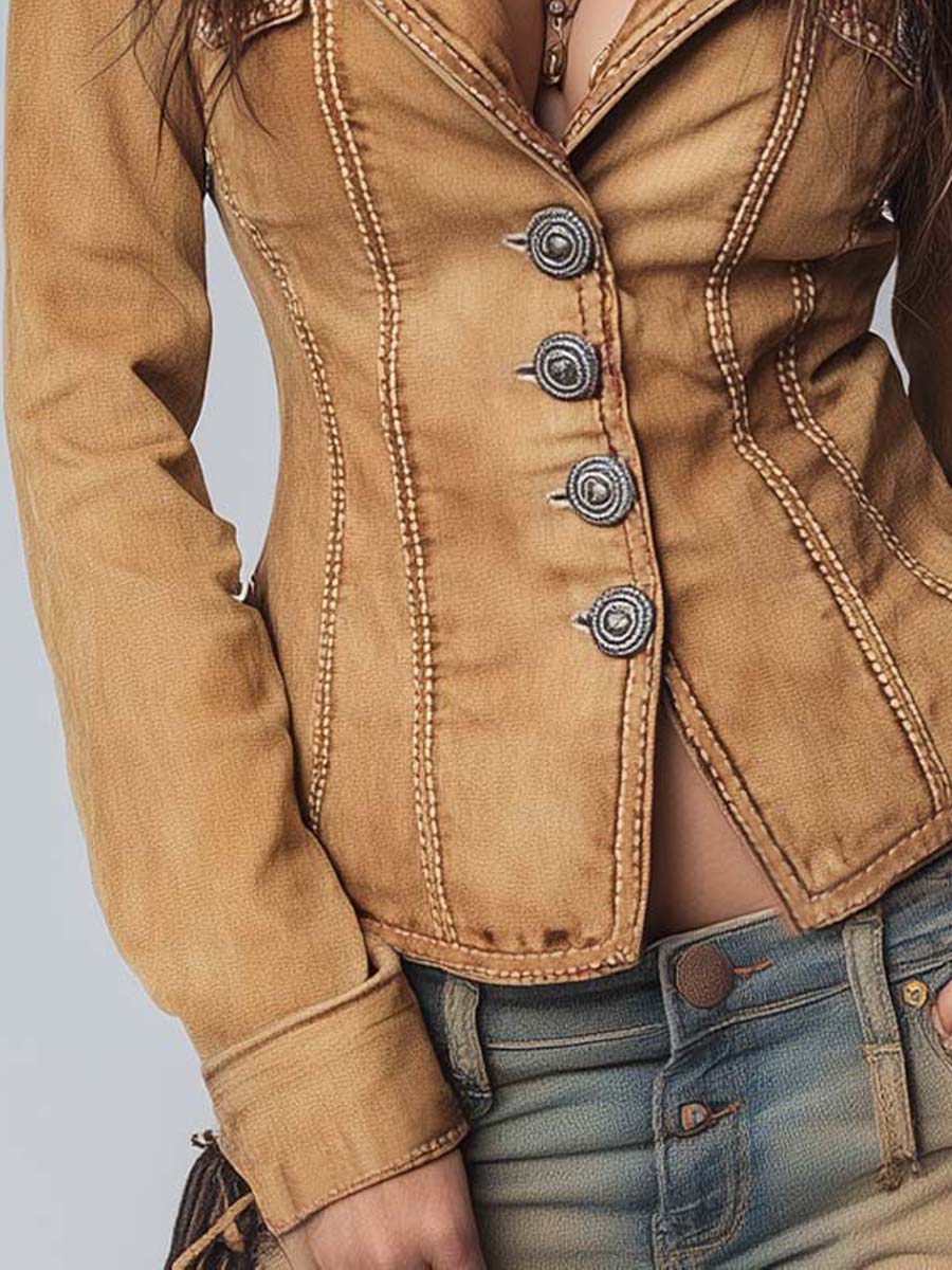 Slim-fit Vintage-style Washed Khaki Denim Jacket