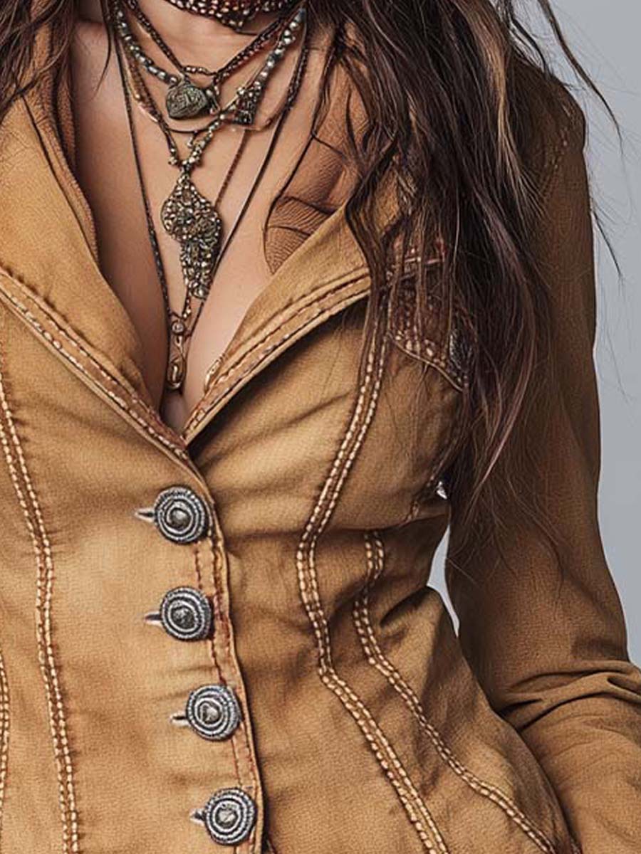 Slim-fit Vintage-style Washed Khaki Denim Jacket