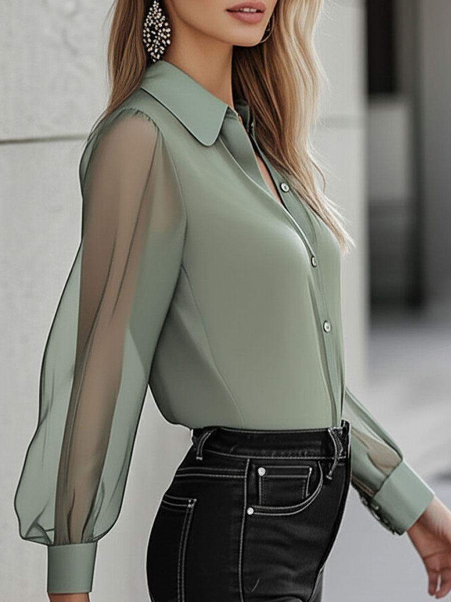 Chic Timeless Sheer Sleeve Button-Up Shirt