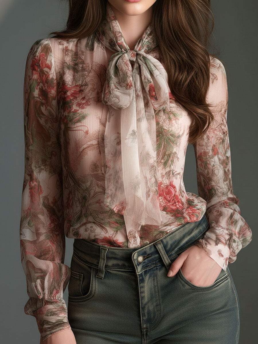 Retro Romantic Floral Chiffon Bow-Tie Blouse