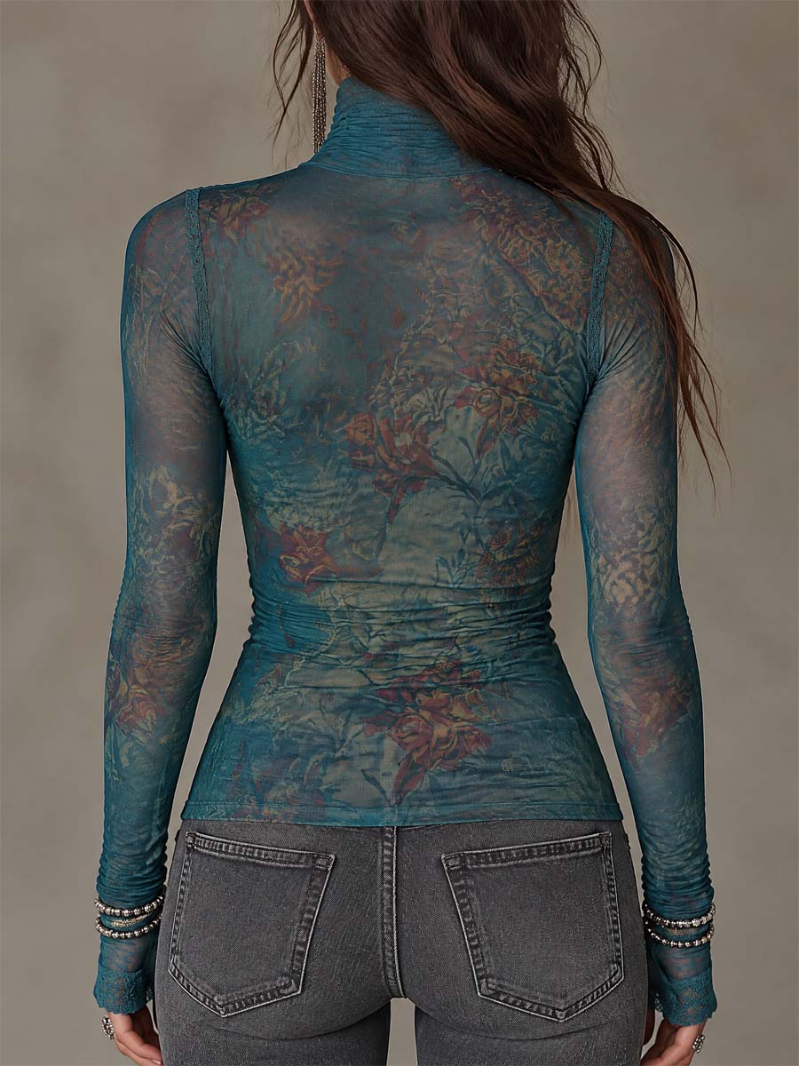 Retro Floral Print Tulle Turtleneck Top