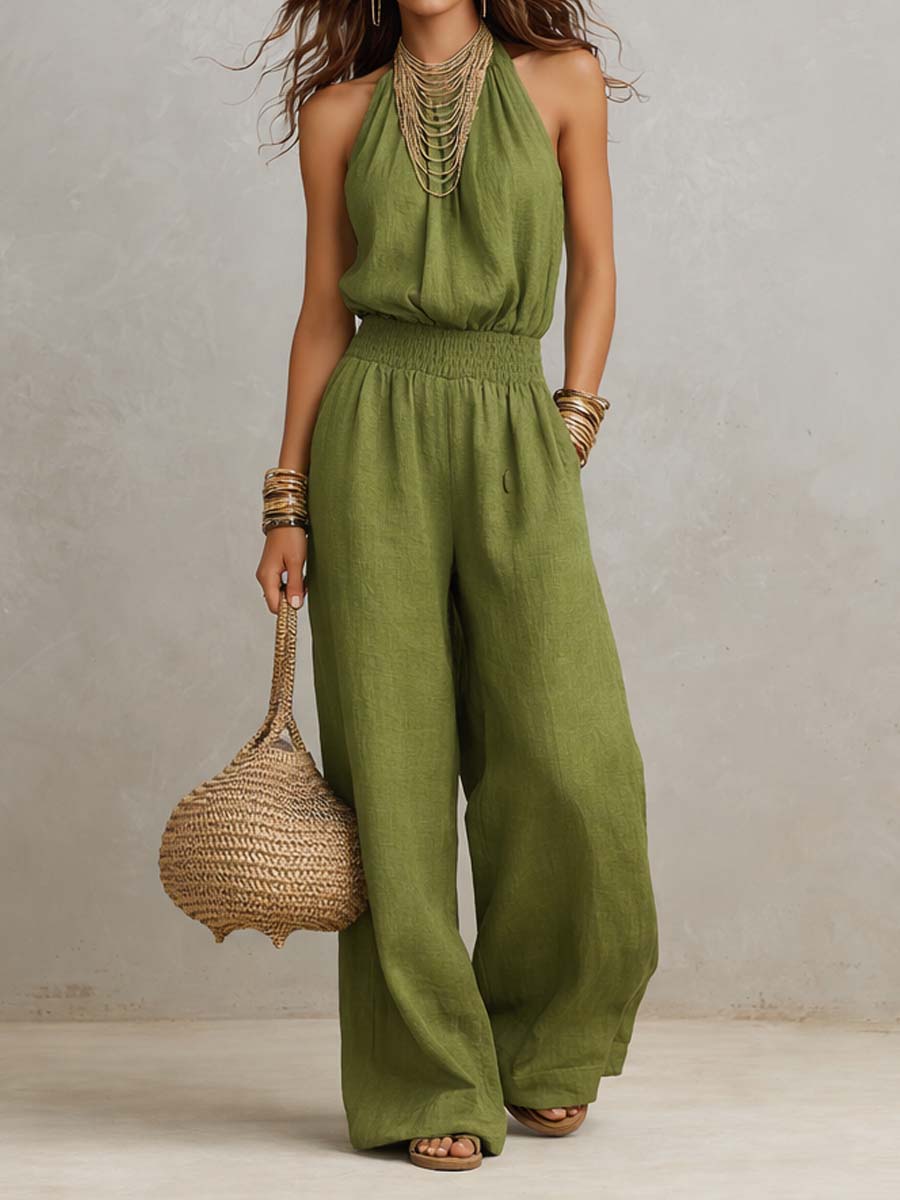 Tan Cotton Linen Halter Neck Smocked Waist Wide Leg Jumpsuit