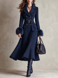 Elegant Belted Chenille Herringbone Long Coat With Detachable Fur Cuffs