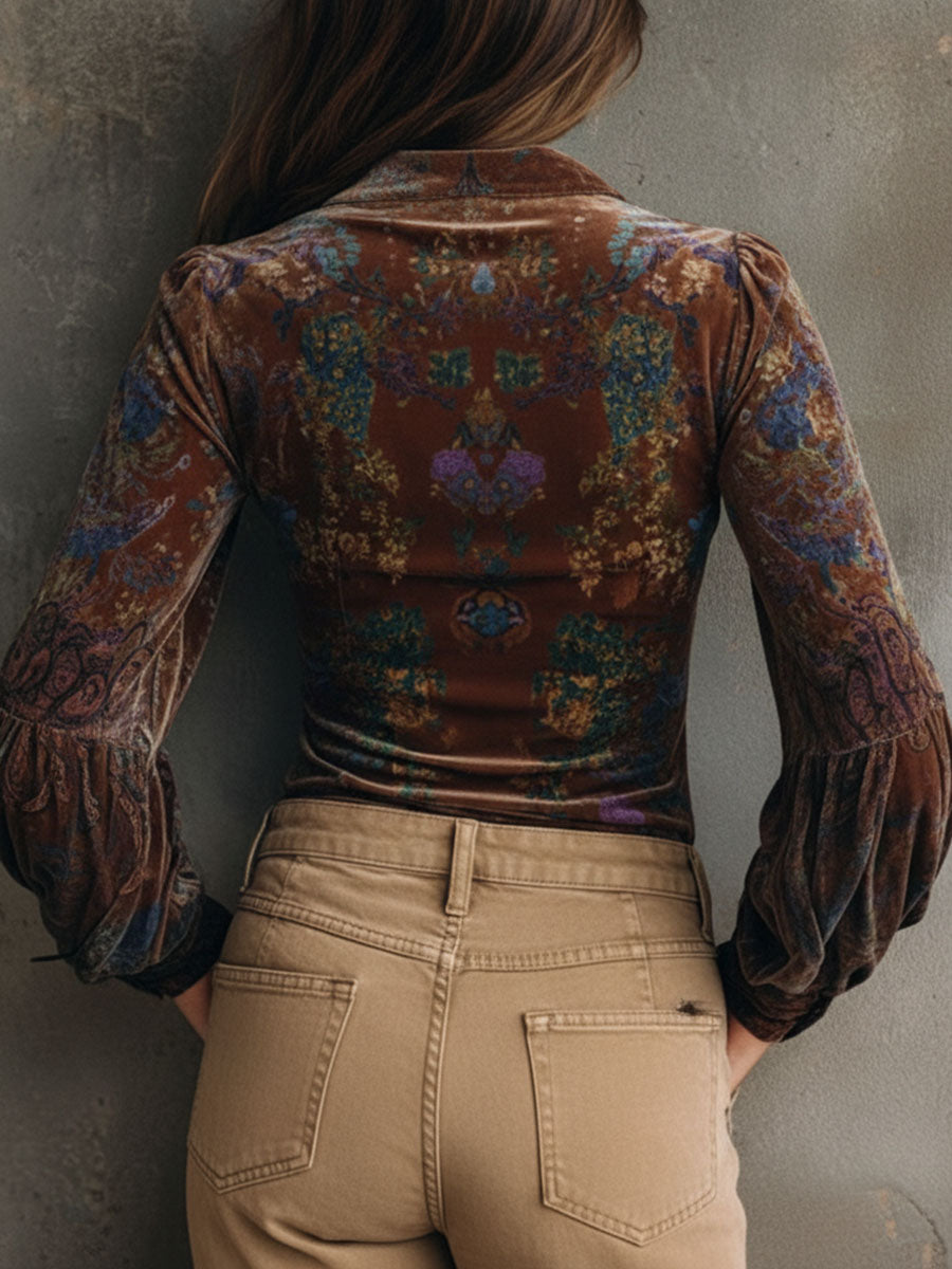 Chic Boho Floral Print Velvet Blouse With Ruffle Trim