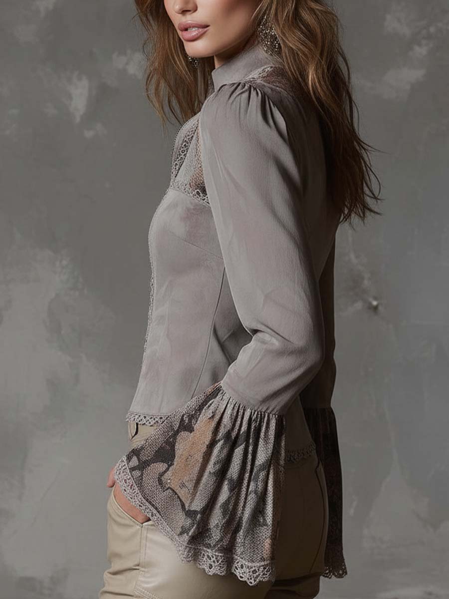Vintage Patchwork Eco-Suede Blouse With Lace And Floral Prints
