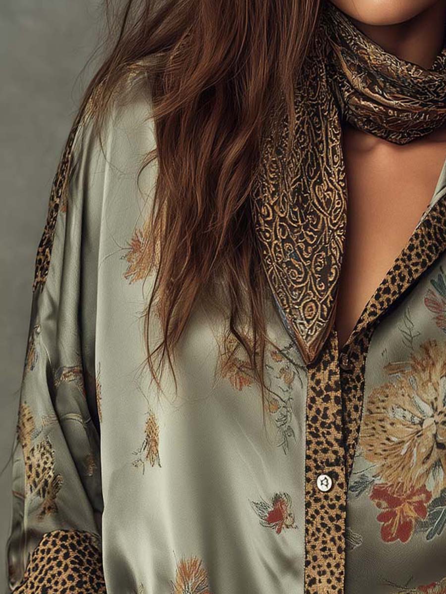 Satin Floral Button-Down Shirt With Leopard Trim