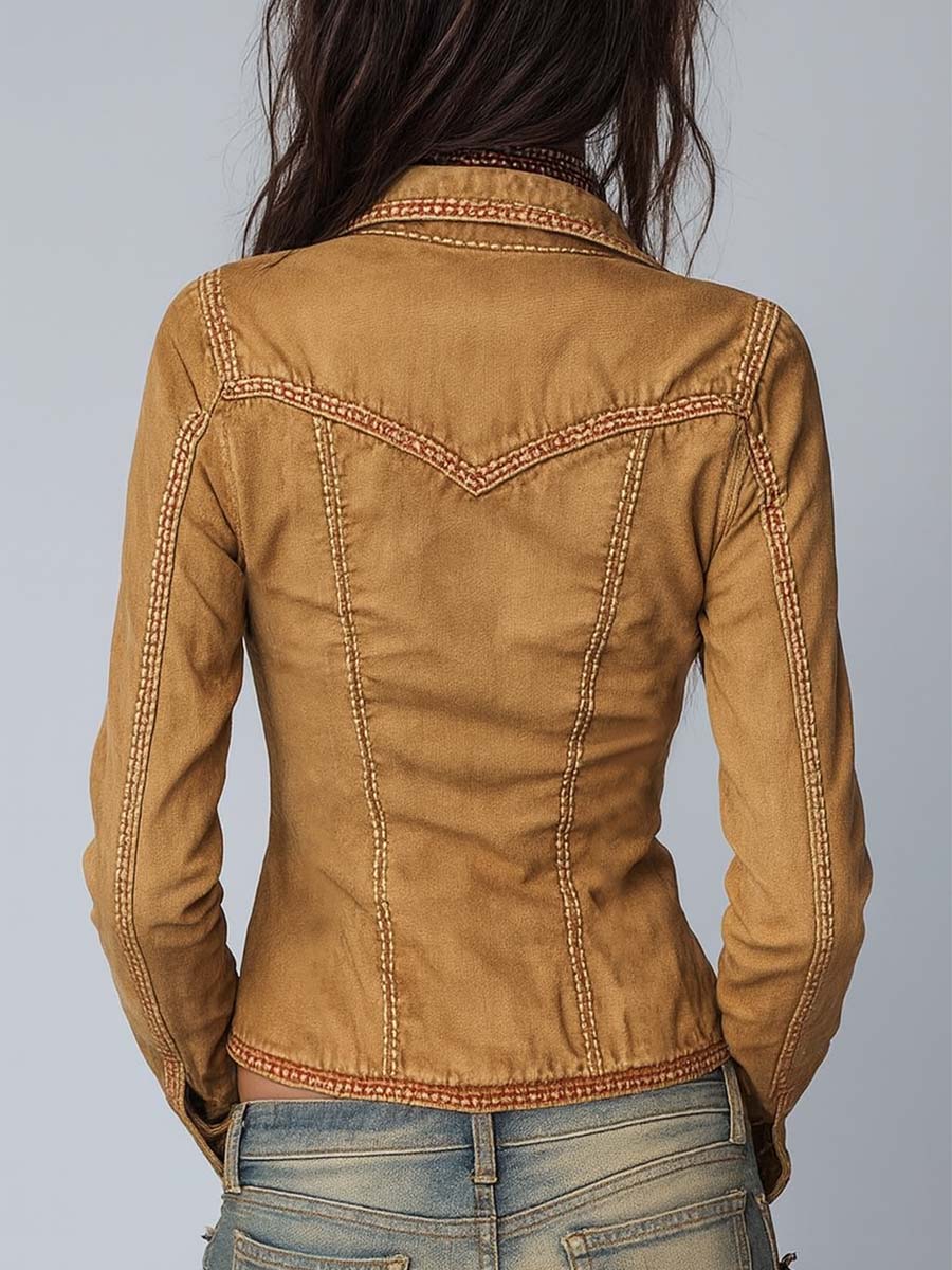 Slim-fit Vintage-style Washed Khaki Denim Jacket