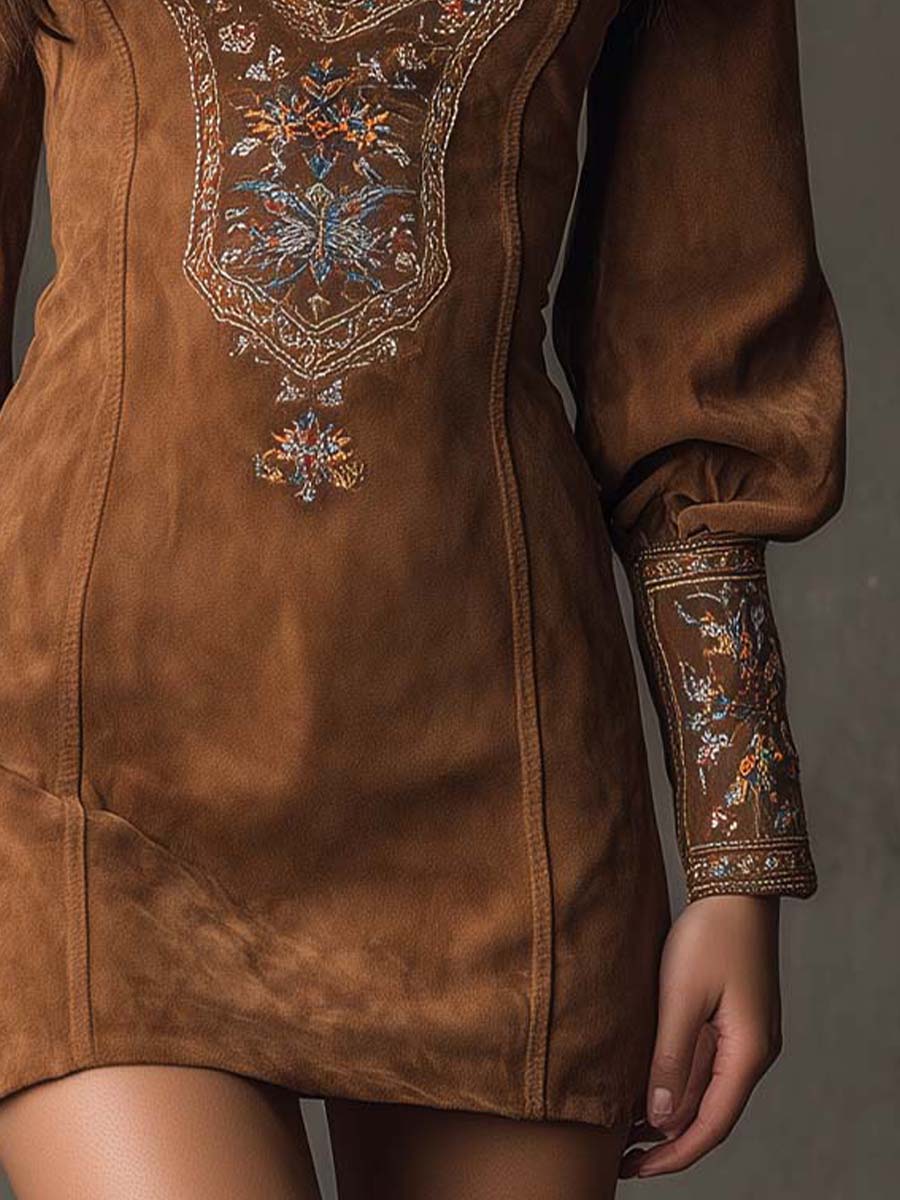 Vintage Suede Embroidered Mini Dress With Long Sleeves