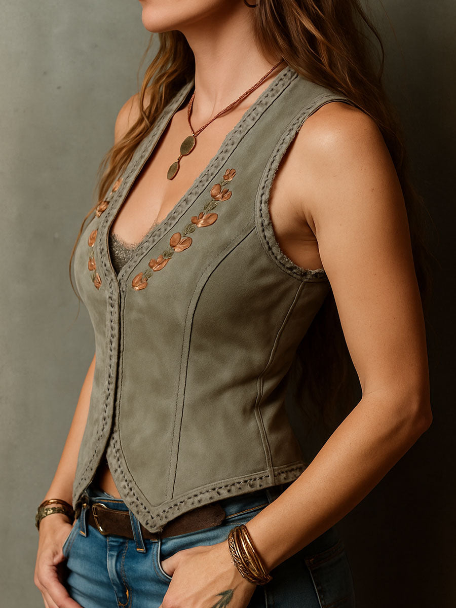 Olive Suede Boho Embroidered Corset Vest With Lace Trim