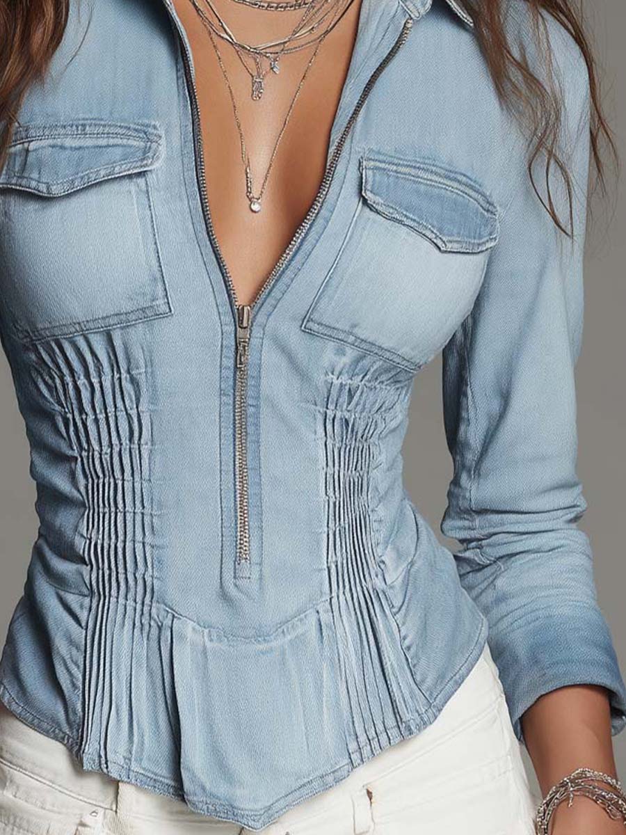 Women's Zip-Up Chambray Denim Shirt with Pintuck Waist Detail