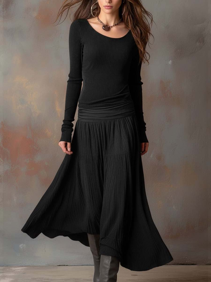 Vintage Ribbed Knit Maxi Dress In Charcoal Gray