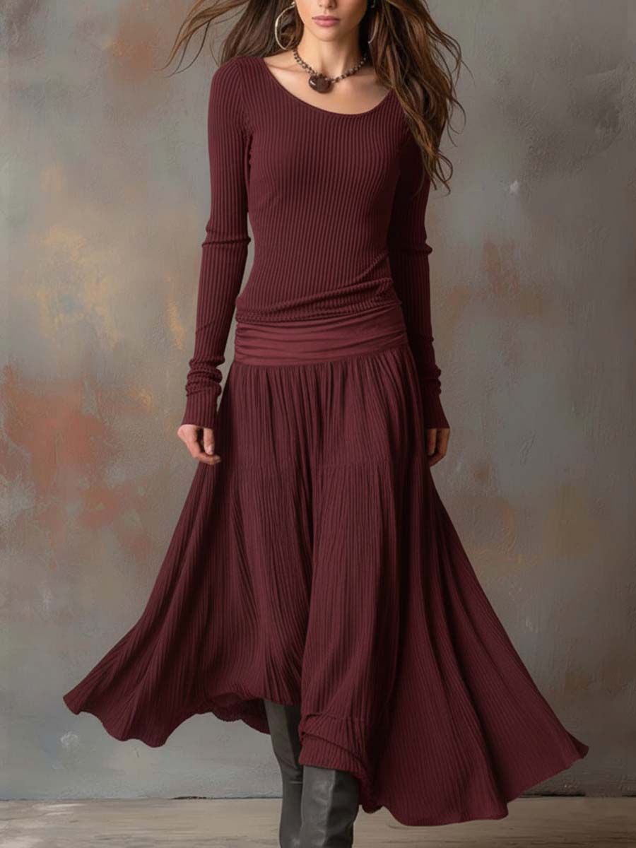 Vintage Ribbed Knit Maxi Dress In Charcoal Gray