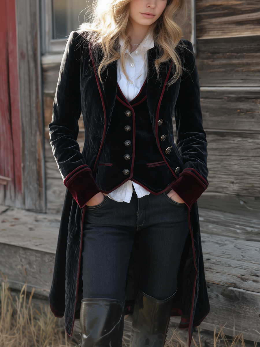 Vintage Contrast Trim Velvet Long Jacket