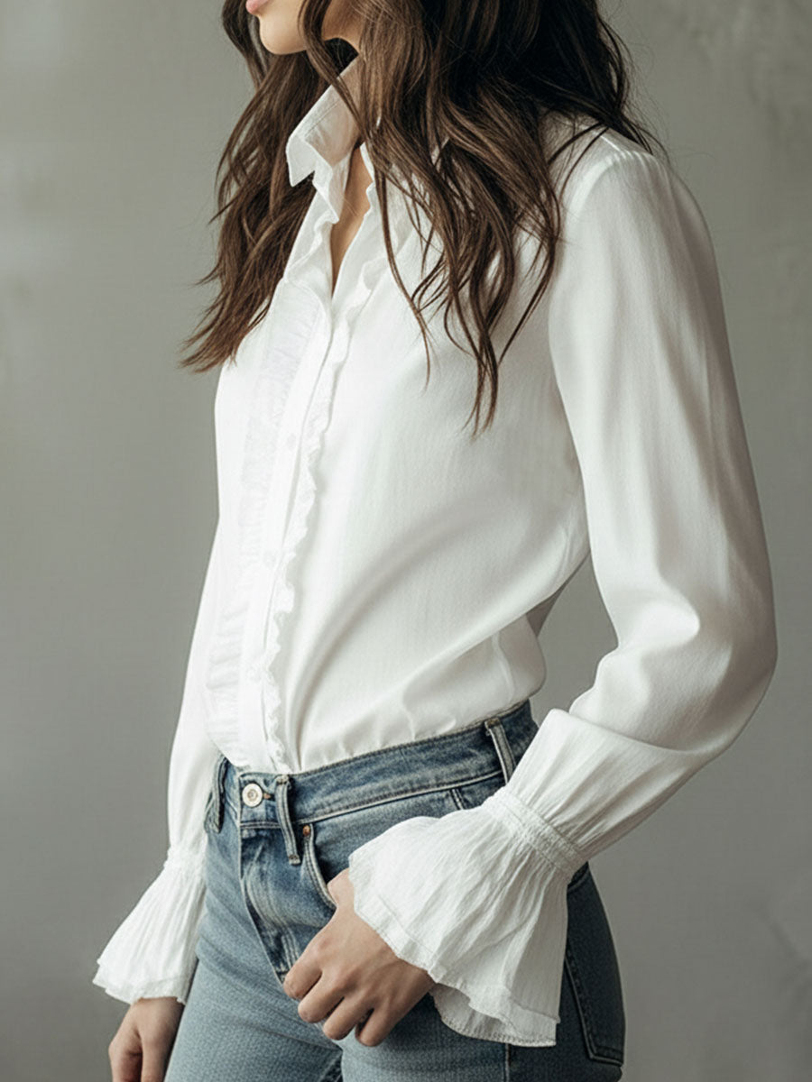 Elegant Ruffled Button-Down Long Sleeve Shirt With Flared Cuffs