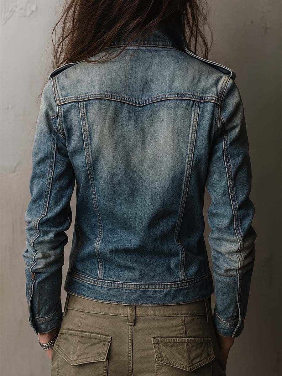 Washed And Faded Utility Denim Jacket With Epaulettes