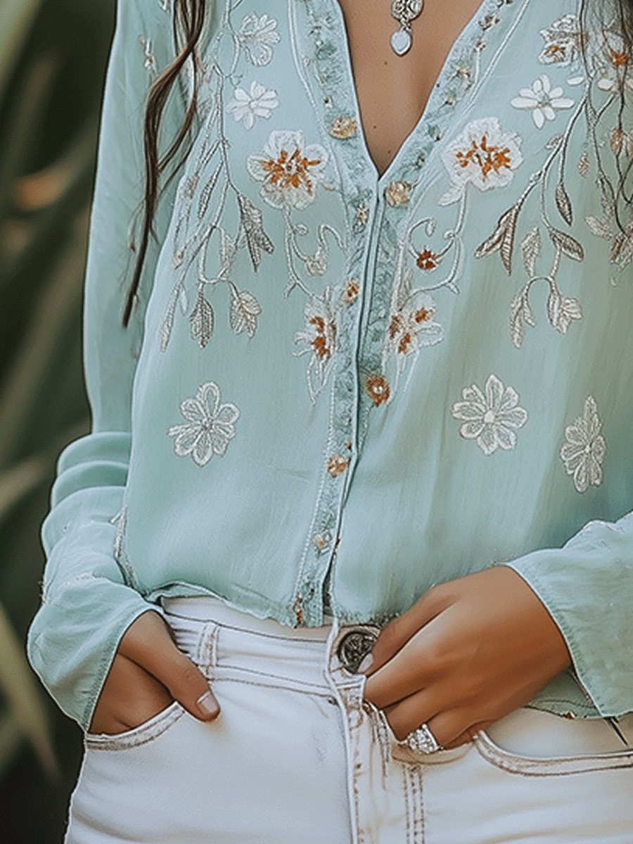 Soft And Casual Bohemian Style Embroidered Shirt