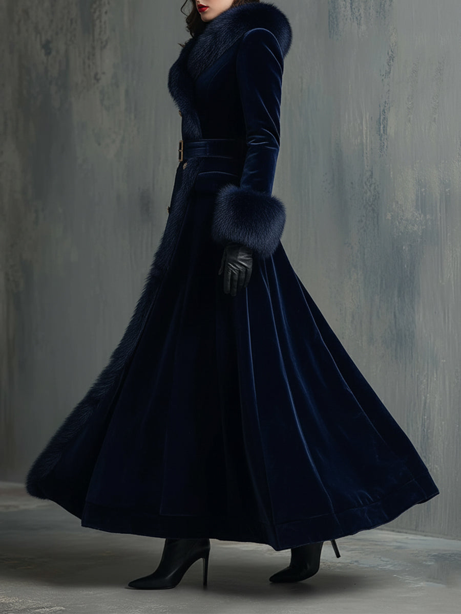 Elegant Mid-length Velvet Coat With Faux Fur Collar