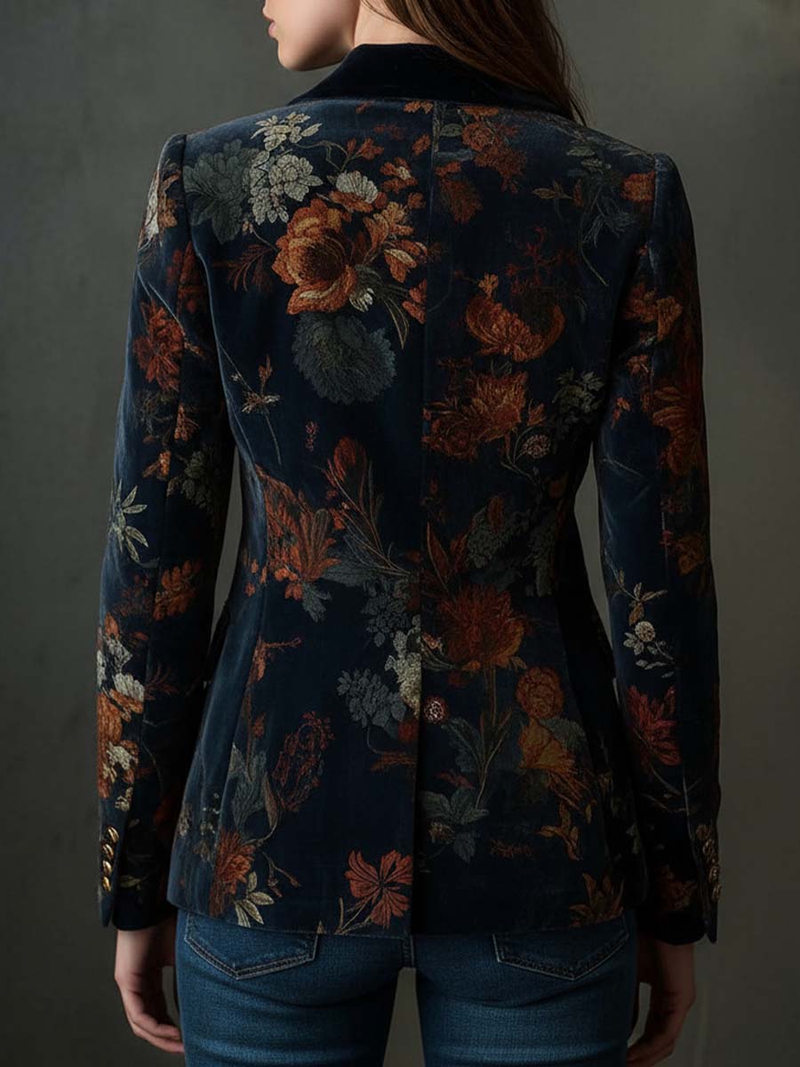 Vintage Floral Print Metal Button Polyester Velvet Blazer