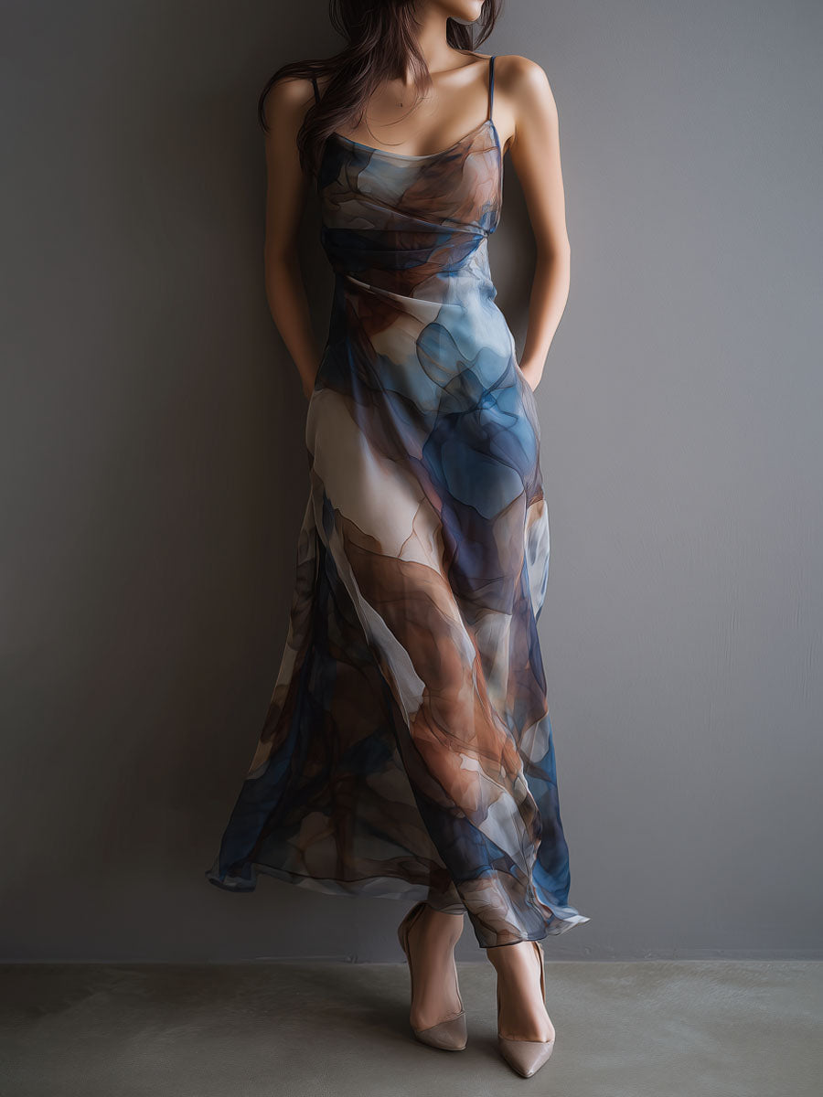 Retro Abstract Print Watercolor Chiffon Slip Maxi Dress