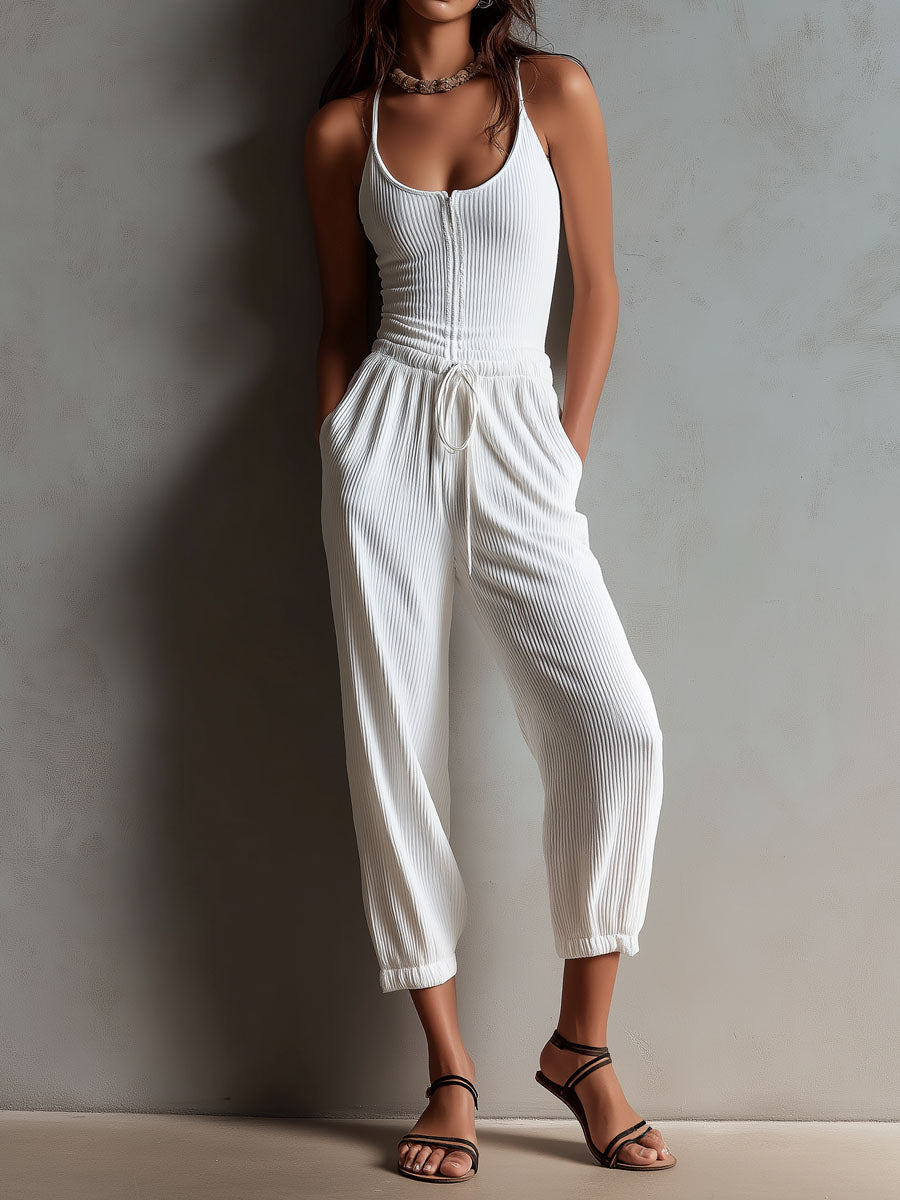 Boho Casual White Ribbed Knit Drawstring Waist Jumpsuit