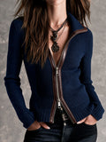 Retro Textured Knit Double Zipper Moto Jacket With Contrast PU Leather Trim