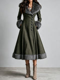 Boho Western Fur Trim Wool Fitted Waist Flare Skirt Long Dress Coat