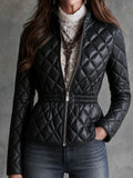Quiet Luxury Stand Collar Diamond Quilted Faux Leather Jacket With Elastic Waist