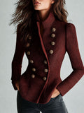 Retro Ribbed Knit Double-Breasted Military Cardigan With Gold Buttons