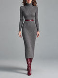 Elegant High Neck Ribbed-knit Slim-fit Midi Dress With Belt