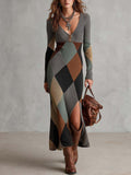 Retro Color-block Argyle Knit Midi Dress