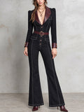 Black Nomad Leather-Trim Flare Denim Jumpsuit