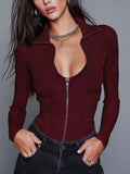 Vintage-style Burgundy Striped Ribbed Knit Top