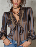Women's Striped Blouse With Tie Neck Ruffle Lace Trim