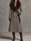 Vintage Herringbone Wool Long Coat With Faux Fur Collar And Belt
