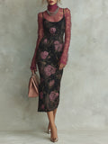Elegant Lace Base Layer & Screen-Printed Slim-Fit Camisole Midi Dress Set