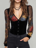 Vintage-style Floral-print Panel Polyester Velvet Blouse