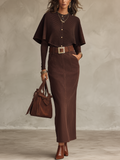 Refined Chocolate Brown Cape Knit Top & Belted Maxi Skirt Set