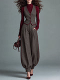 Retro Herringbone Tweed Contrast Piping Vest & Balloon Pants Two-Piece Set