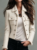 Retro Cream White Sparkle Herringbone Tweed Jacket With Fringe Trim