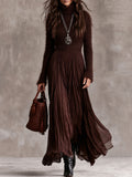 Boho Chocolate Brown Fuzzy Turtleneck Knit Maxi Dress With Pleated Chiffon Skirt