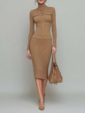 Elegant Ribbed Knit Turtleneck Zip-Up Midi Bodycon Dress