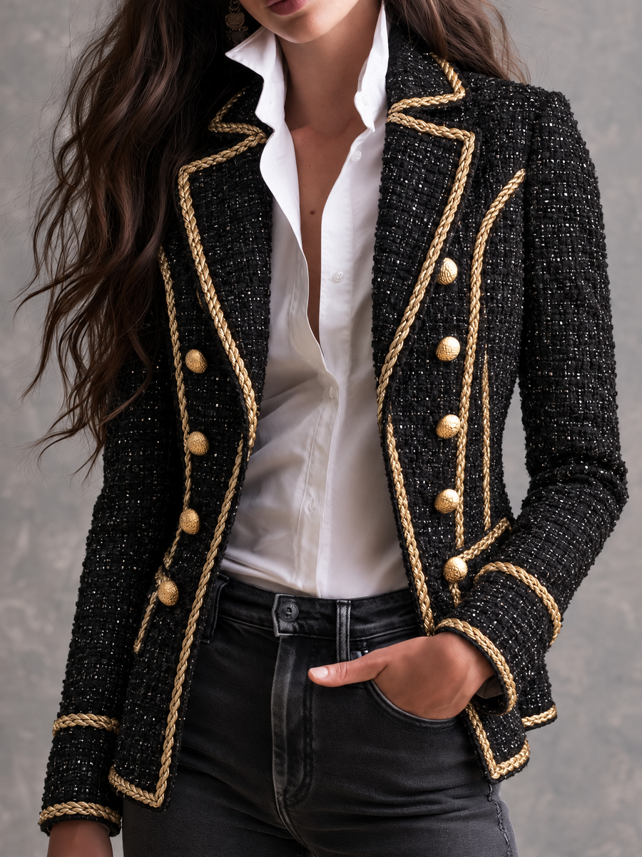 Vintage Black Sparkle Tweed Gold Corded Trim Coat With Double Breasted